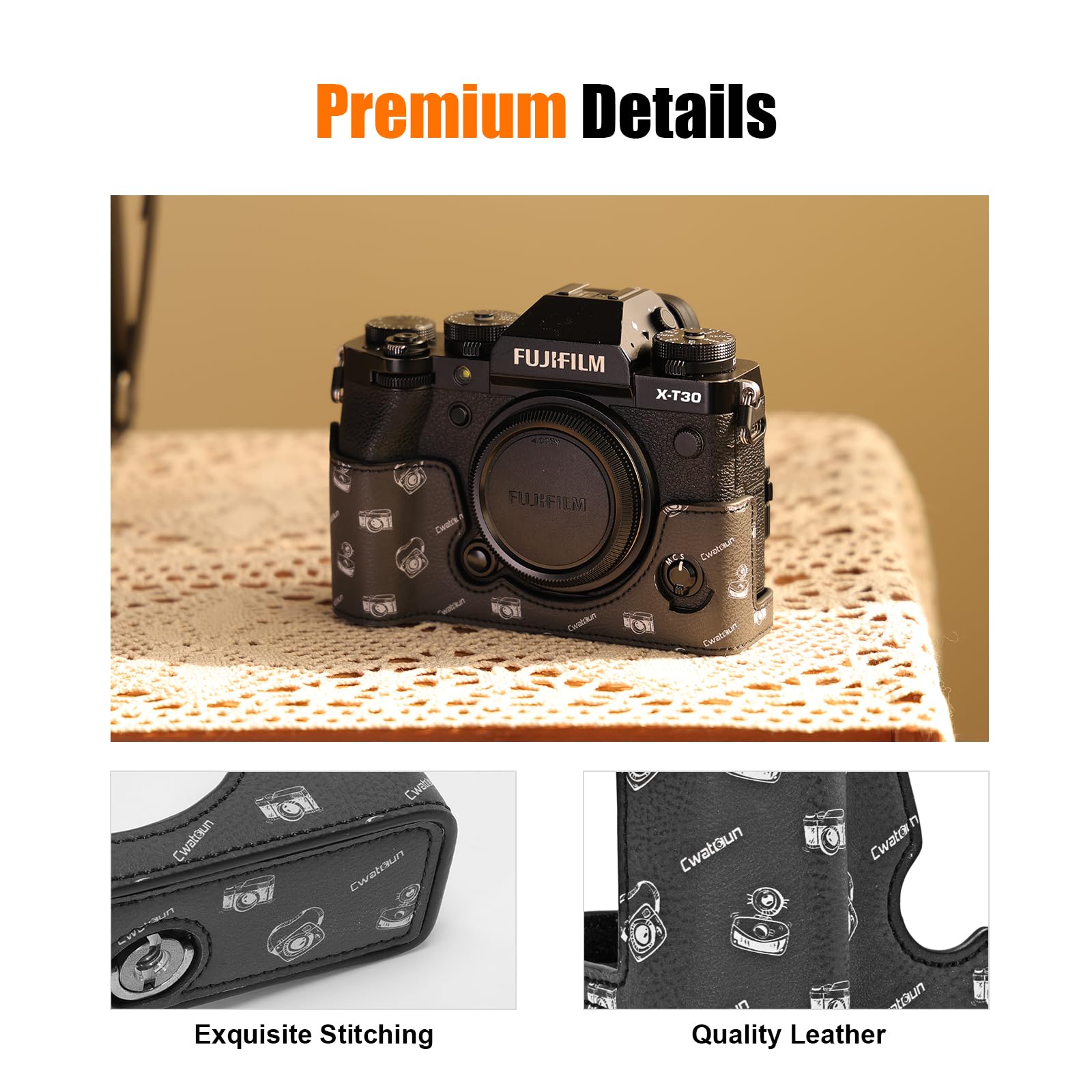 Cwatcun Leather Camera Half Case Compatible with Fujifilm X-T30 II, Vintage Pattern Style Leather Half Case with Magnetic Battery Access, Black