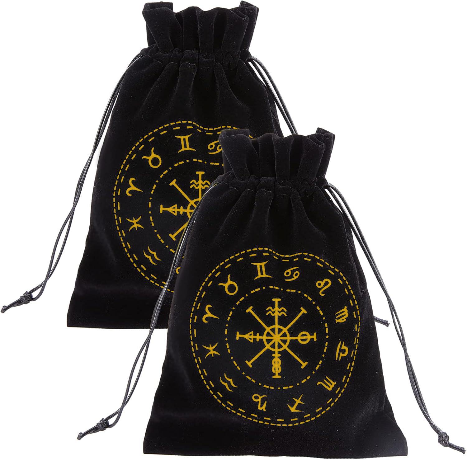 CREATCABIN 2Pcs Black Tarot Storage Bag Thick Velvet Packing Pouches 12 Constellation Symbol Drawstring Bag Protective Card Board Game Embroidery for Tarot Dice Card Jewelry Crystal Pouch