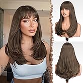 FESHFEN Long Wigs with Bangs, Synthetic Natural Looking Layered Straight Hair Wig for Women Daily Party Use 18 inch, Chestnut Brown