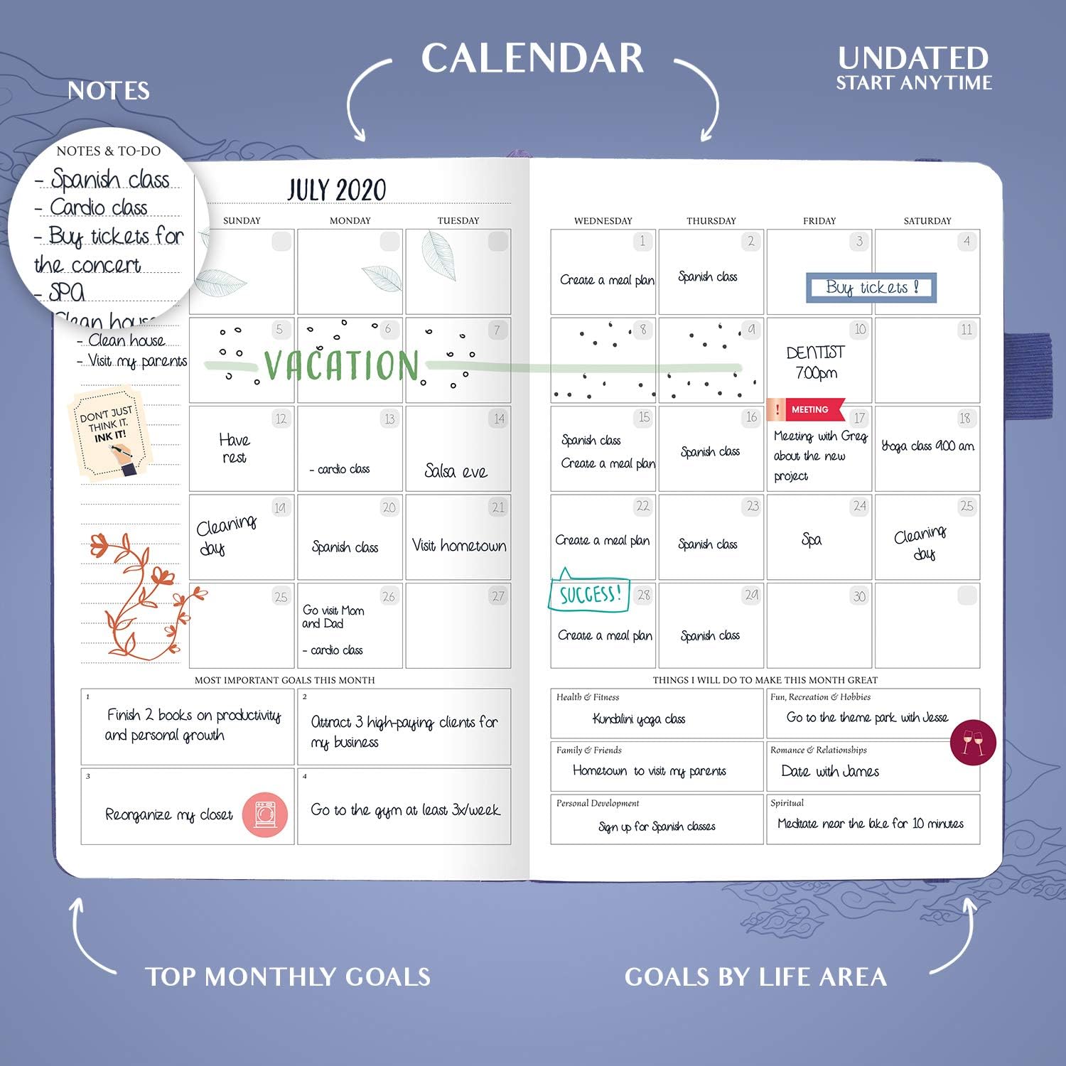 Legend Planner – Deluxe Weekly & Monthly Life Planner to Hit Your Goals & Live Happier. Organizer Notebook & Productivity Journal. A5 Hardcover, Undated – Start Any Time + Stickers – Periwinkle Gold - Image 5