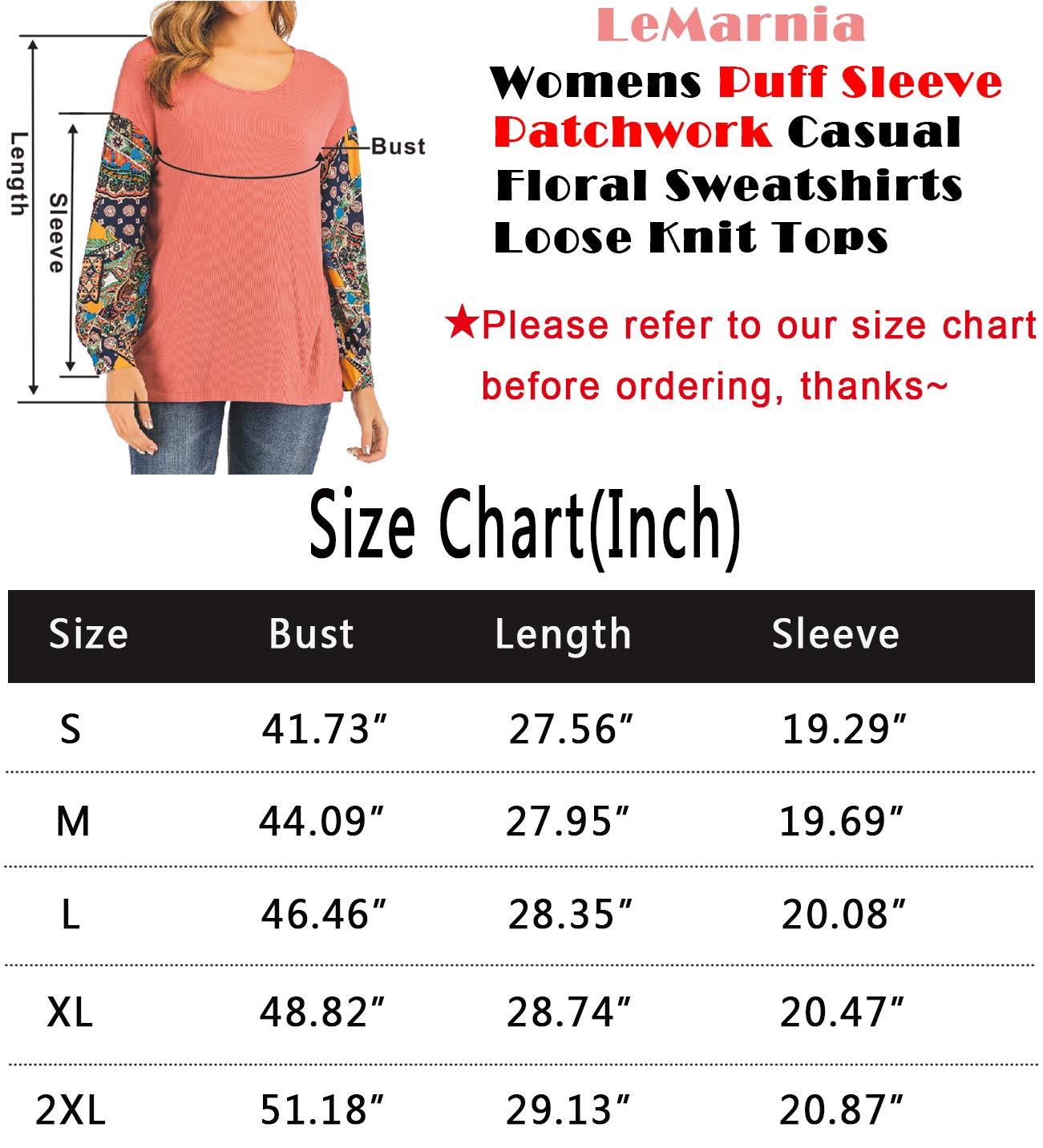 LeMarnia Boho Clothing for Women, Ladies Crewneck Puff Sleeve Patchwork Shirts Floral Print Casual Knit Tops Loose Pullover Sweatshirt Black S