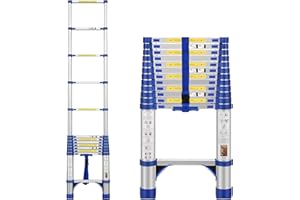 BOWEITI 12.5FT Telescoping Ladder, Portable Aluminum Extension Ladder w/Stabilizers, Lightweight Compact Telescopic Ladder 330lbs Capacity, Extension Ladder for Home, Outdoor (12.5FT,Blue)