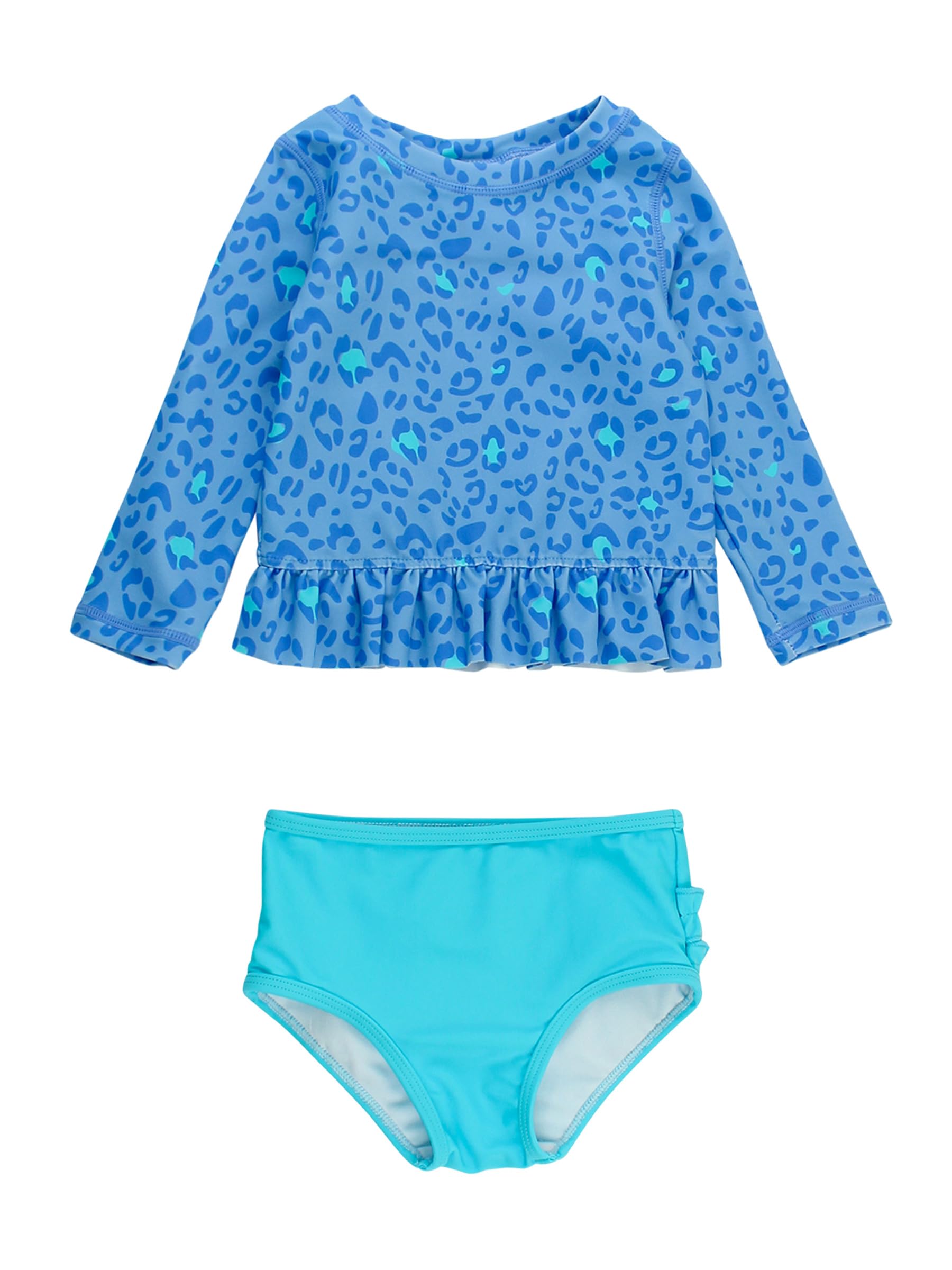 RuffleButts Baby/Toddler Girls Long Sleeve Rash Guard UPF50+ Sun Protected Bikini Swimsuit - Blue Leopard, 3-6m Image