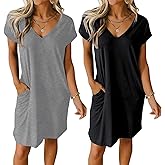 Ekouaer Womens 2 Pack Nightgown V Neck Sleepshirt Short Sleeve Nightshirt Plain/Floral Pajama Dress with Pockets