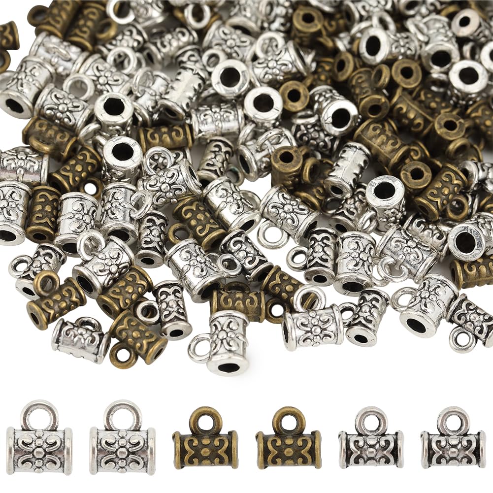 SUNNYCLUE 1 Box 150PCS 8mm Bail Beads Bead Hanger Charms Loop Bails Tube Clasp Connector European Antique Tibetan Silver Hanger Column Spacer Beads for Jewellery Making Beading Kit Bracelets Craft