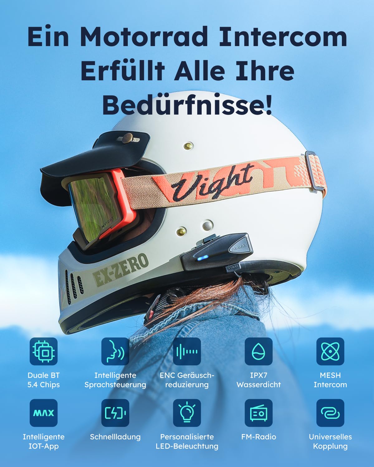 ASMAX S1 Motorrad Bluetooth Headset, Mesh Intercom für 8 Fahrer, Bluetooth 5.4 Helm Gegensprechanlage mit Sprachsteuerung/CloudTalk für 50 Fahrer/FM Radio/Schnellladung/Musik Teilen, Doppelpack 2