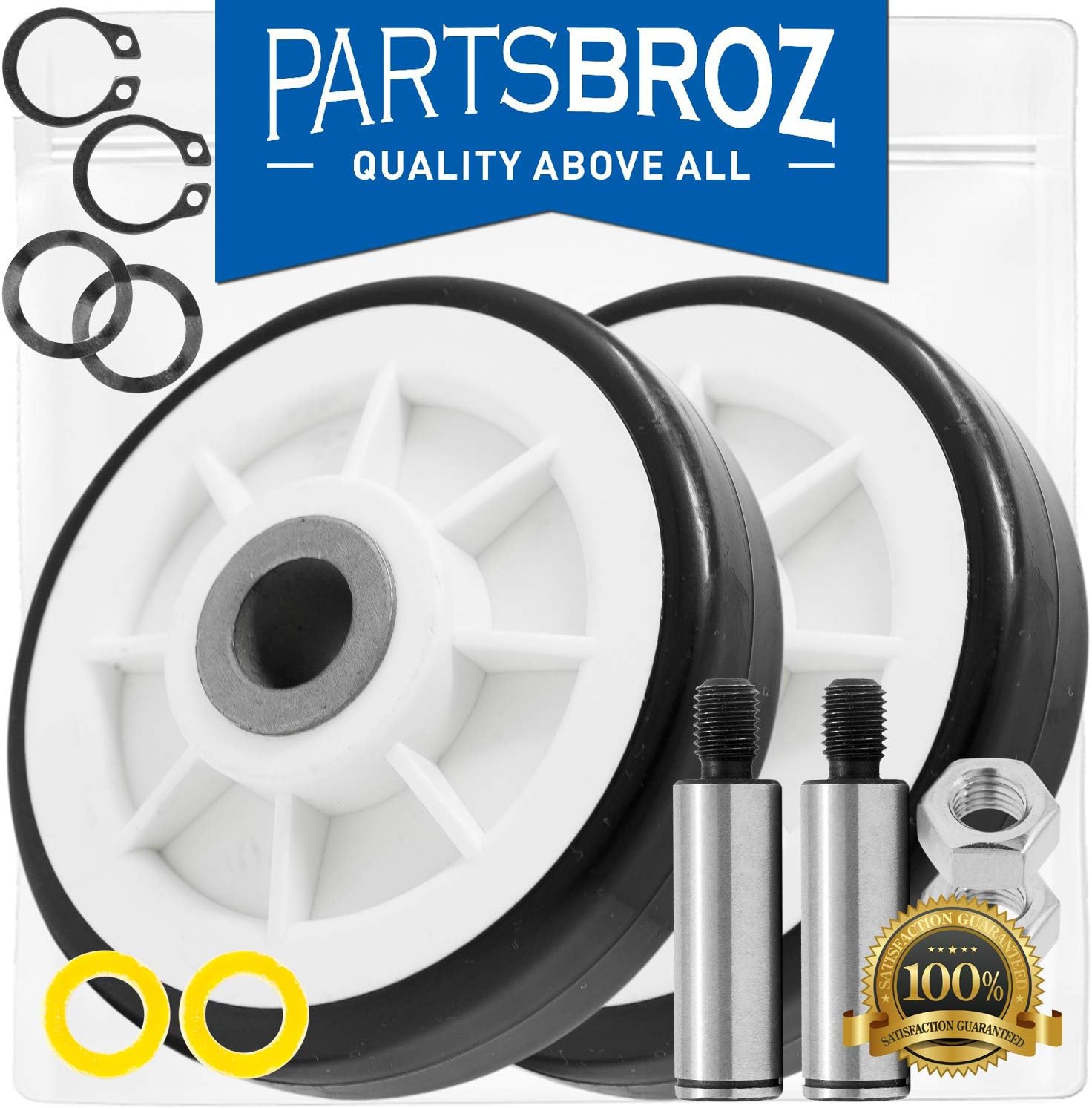 PartsBroz 12001541 303373K Drum Roller Kit - Compatible with Whirlpool Maytag - Replaces AP4008534 PS1570070 - Includes 2x Drum Supports, Shafts, Washers, Nuts, Clips, Spring Washers - 2-Pack