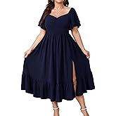 SCOMCHIC Womens Plus Size Wedding Guest Cocktail Dresses Sweetheart Neckline Short Sleeve Smocked Ruffle Slit Maxi Dress