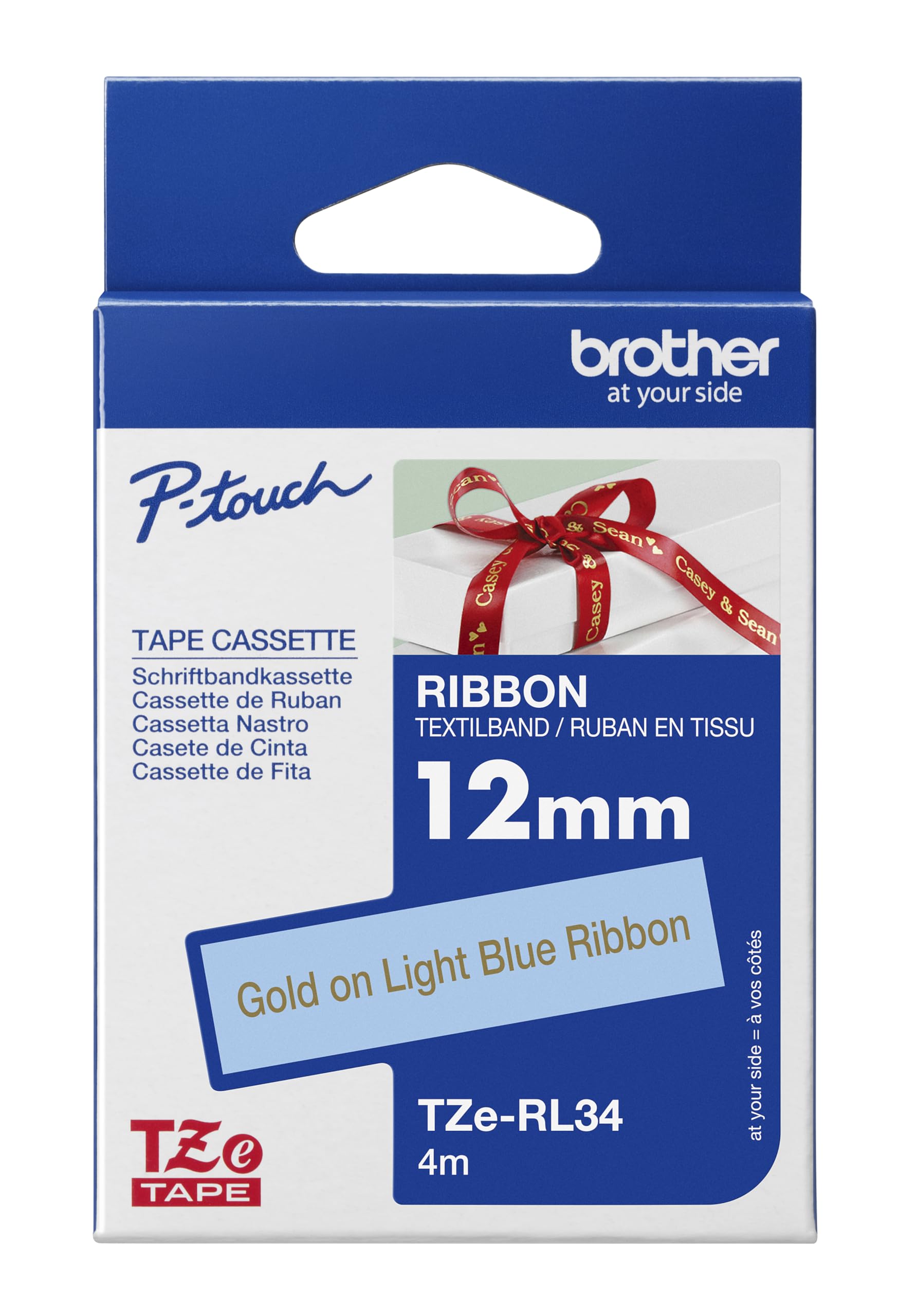 Brother TZe-RL34 Labelling Tape Cassette, Gold on Light Blue, 12 mm (W) x 4M (L), Ribbon Tape, Brother Genuine Supplies