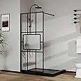 Goodyo 34” X 72” Glass Shower Door Fixed Framed Shower Screen Tempered Glass Panel for Walk-in Shower Room, Grid Pattern, Middle Frosted Glass, 3-Pieces Glass, Matte Black Finish