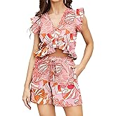 FANCYINN Womens Two Pieces Vacation Outfits Deep V Neck Ruffles Crop Top Drawstring Shorts Set