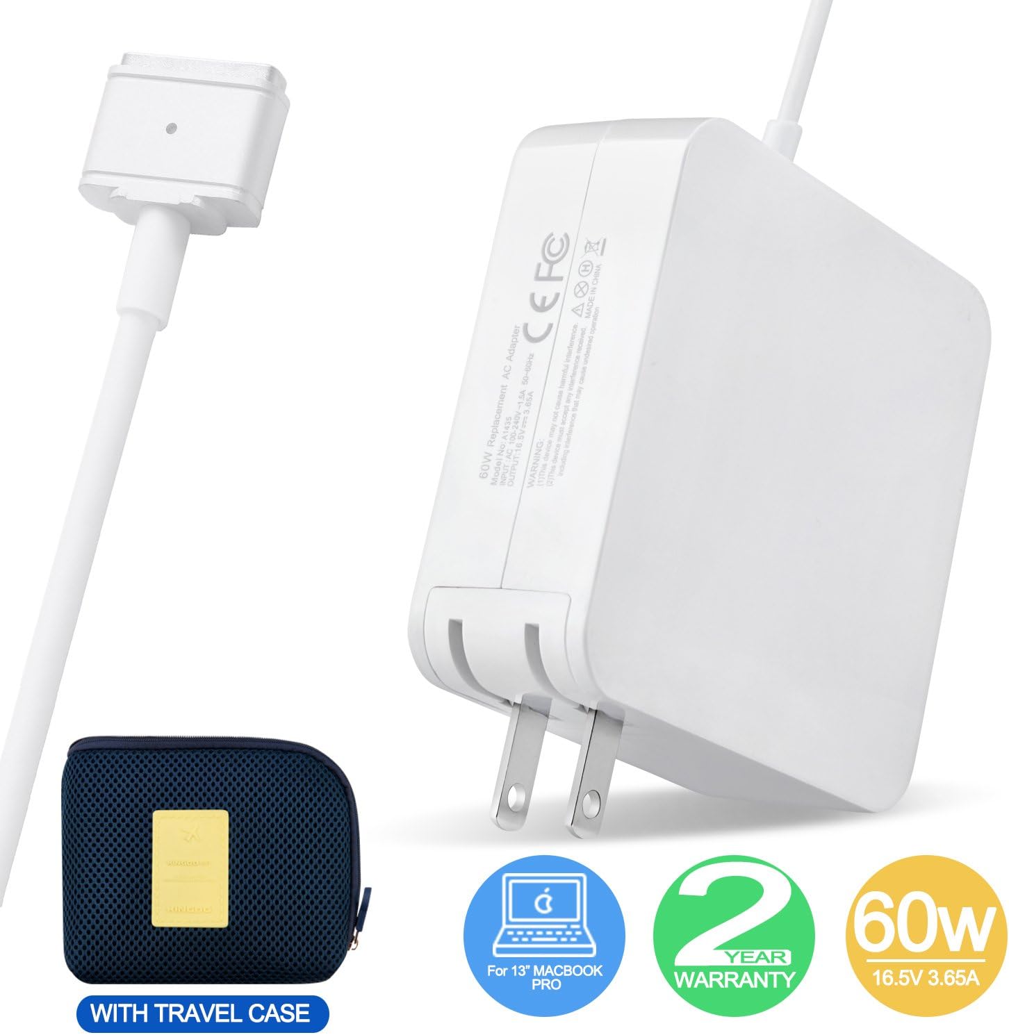 Mac Book Pro Charger, 60W MagSafe Power Adapter with MagSafe 2 (T-Tip) Style Connector for Mac Book Pro 13-inch (After Late 2012 Model) Including a Travel Carrying Pouch