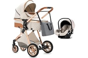 Zkiprm 3 in 1 Stroller, Infant Stroller with Automobile Seat, Portable Baby Stroller, One-Click Folding, Combination Stroller Landscape High Aluminum Frame (White Two)