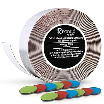 Reorda Selbstklebendes Metallband für Magnete (weiß) - Schneidbar I Belastbar I Flexibel I Ferroband mit 12 bunten Bonus Haft