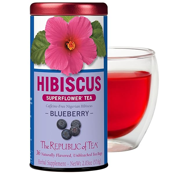 THE REPUBLIC OF TEA, HIBISCUS BLUEBERRY SUPERFLOWER HERBAL TEA, 36 TEA BAG TIN