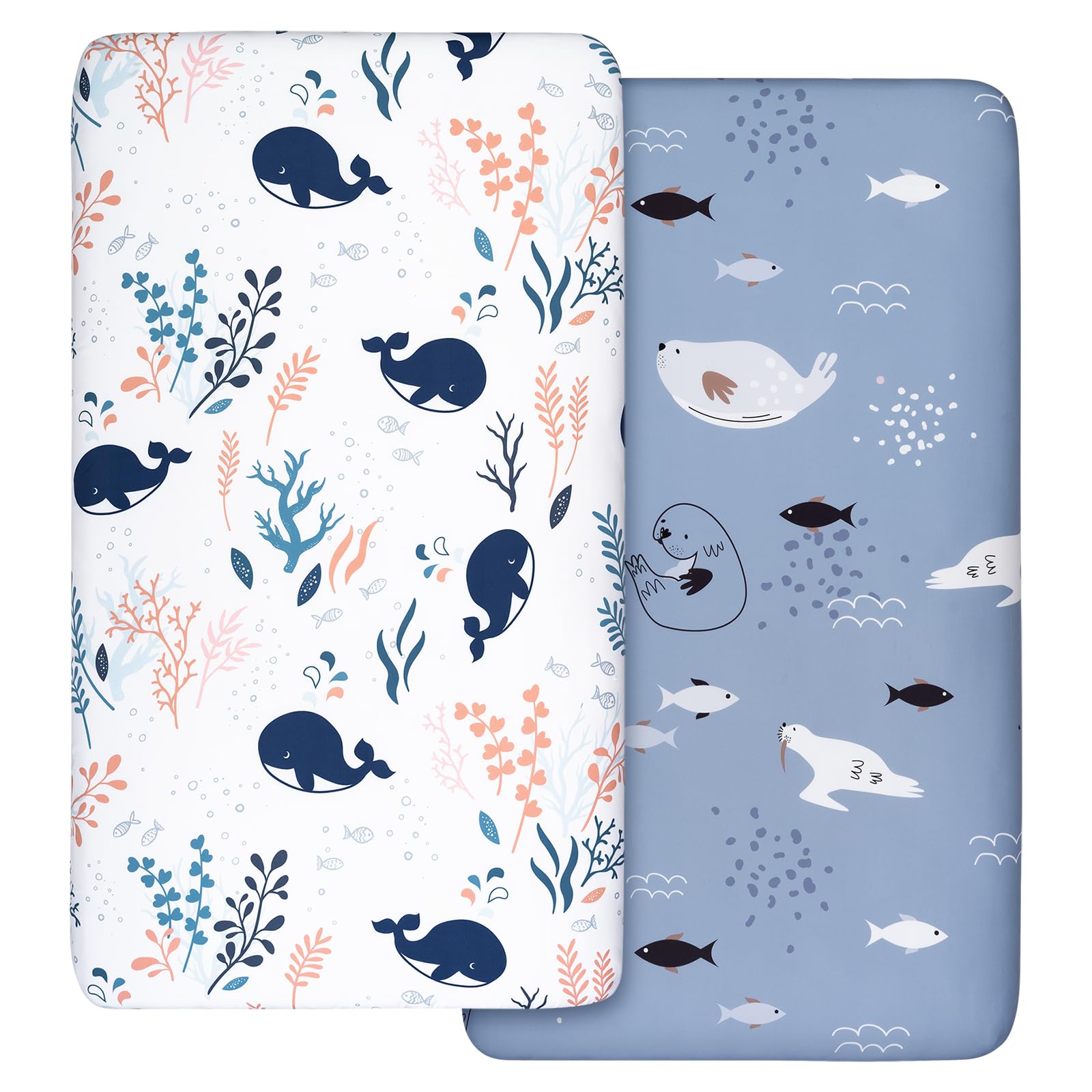 2 Pack Cot Sheets, 100% Microfiber- Breathable, 120 x 60cm Cozy and Lightweight Cot Fitted Sheets, Oeko-tex100, Fits All Bassinet Mattress Shapes, Hourglass, Crib Sheets for Oval (Whales) — image 1