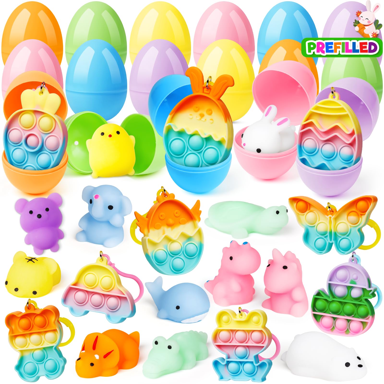 IJIGU 24 Pcs Prefilled Easter Eggs with Assorted Toys, Filled with Squishy Toys and Pop Bubble Keychains, Easter Eggs Filled for Kids to Egg Hunt, Basket Stuffers Filler and Classroom Prize Supplies