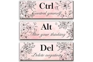 ZINYAZHE 3 Pieces Pink Wall Decor for Girl Floral Wooden Wall Hanging Wall Art Inspirational Office Wall Decor with Positive Quotes Ctrl Alt Del Wall Sign for Teen Girl Women Bedroom Bathroom(Pink,12 x 4 Inch)