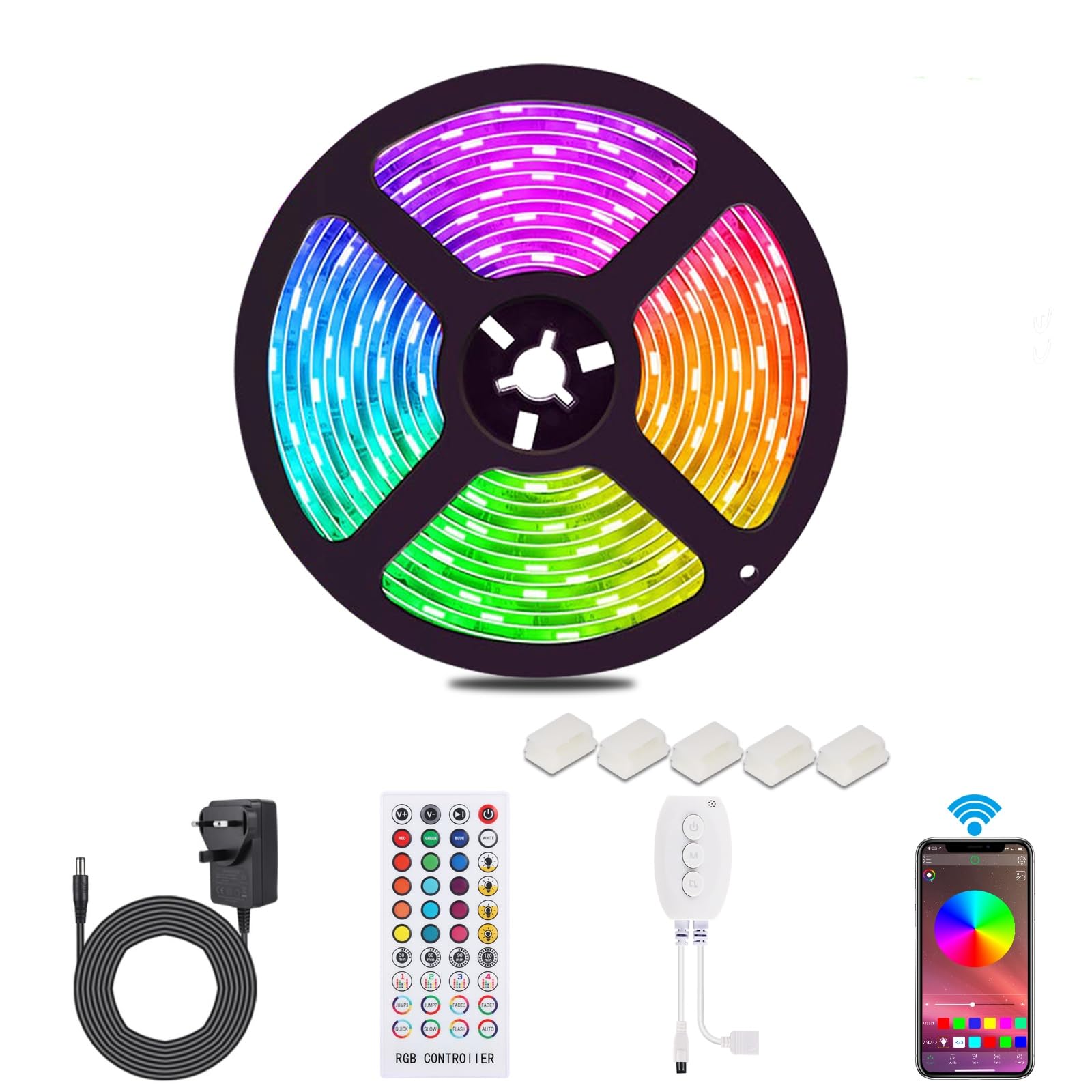 Bluetooth Led Strips Lights 5M Waterproof ALED LIGHT RGB 12V 5050 SMD 90LEDs Lighting Band Kit Music Sync with 40-Key Remote&App Control for Ceiling,Balcony,Bedroom,TV Backboard,DIY Indoor Home Decor