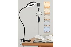 REINHOO Clip on Lamp,5 Colors+10 Brightness LED Desk Lamp with Clamp,550lm Bright Clip on Light for Bed Headboard/Bedside Table,360°Adjustable Reading Light for Bed,Desk Lights for Home Office Study [Adapter]
