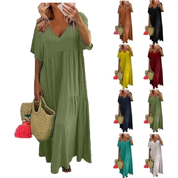 Cotton Linen Dresses for Women 2026 Spring V Neck Short Sleeve Plus Size  Maxi Dress Tiered Flowy Loose Oversized Long Tshirt Dresses Simple Midi  Casual House Gauze Dress Beach Vacation Long Sundress