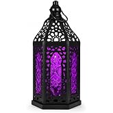 Moroccan Candle Lantern, 7 Inch Black Metal Lantern with Purple Glass | Vintage decorative lantern for LED tea lights and string lights, ideal for tables, patios, weddings, parties and home decor