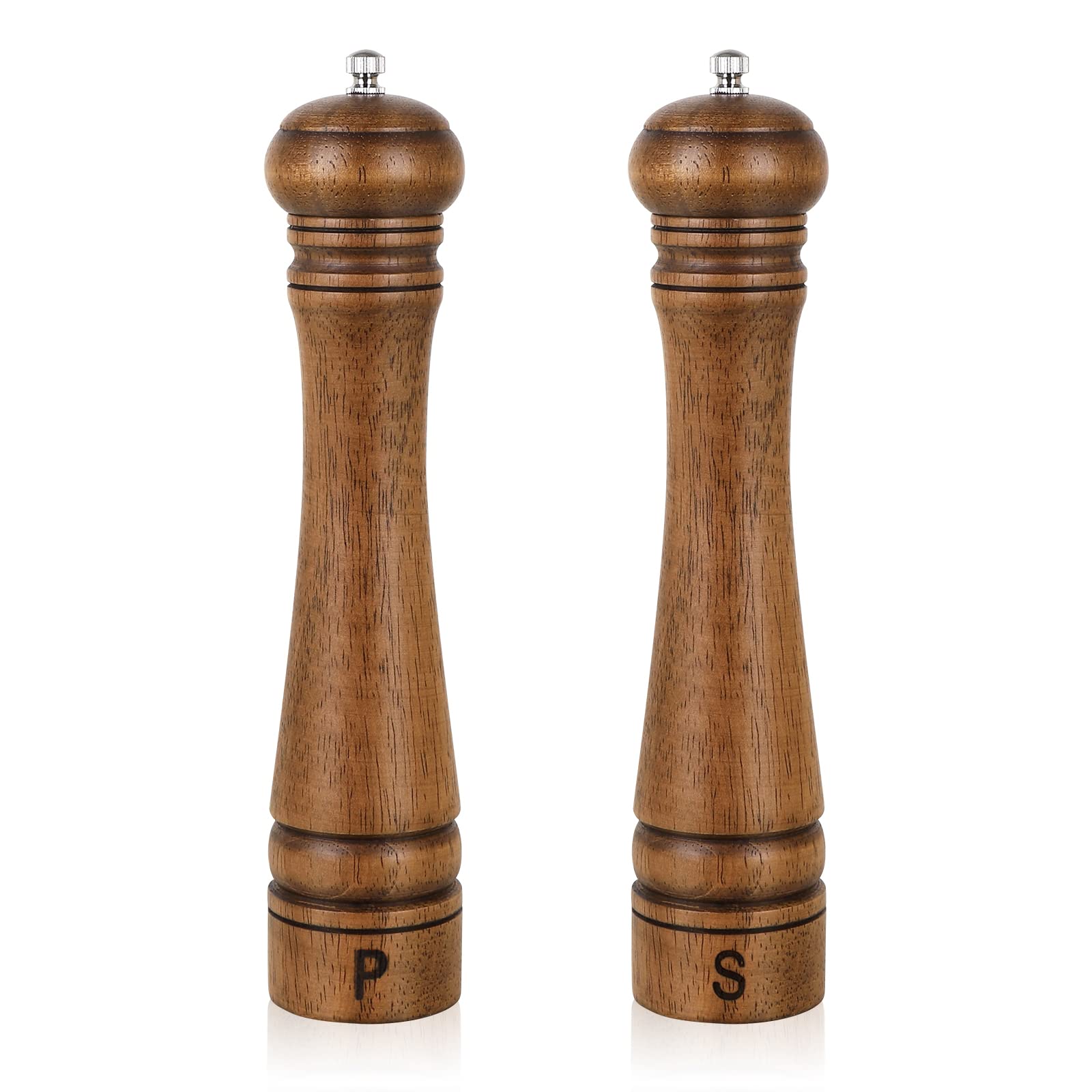 Salt and Pepper Grinders Set, Haomacro 10Inch Updated Manual Wooden Pepper Shaker Set,Oak Wood Salt Mill Pepper Grinder Set Refillable with Adjustable Ceramic Rotor 2Pack