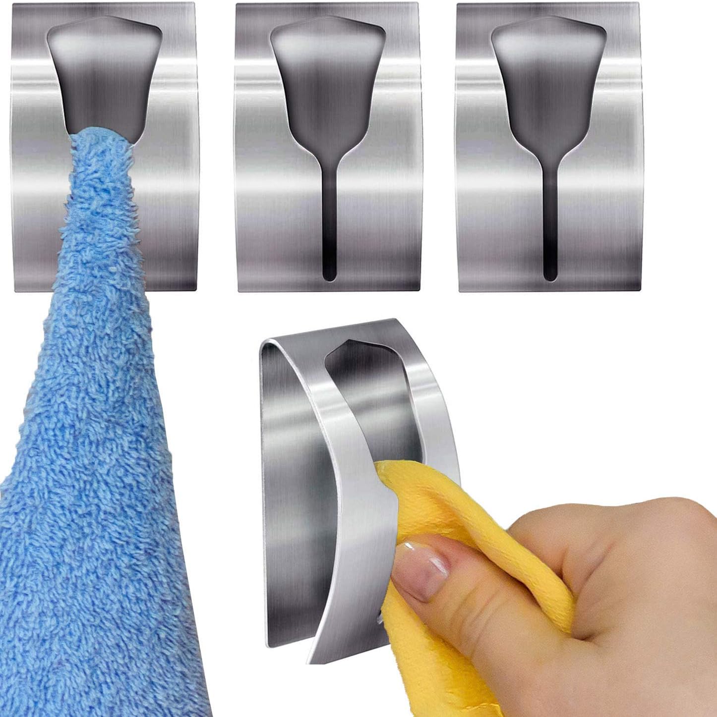 Tatkraft Ida Pack of 4 Self Adhesive Tea Towel Holder, Towel Rail for Bathroom and Kitchen Stainless Steel