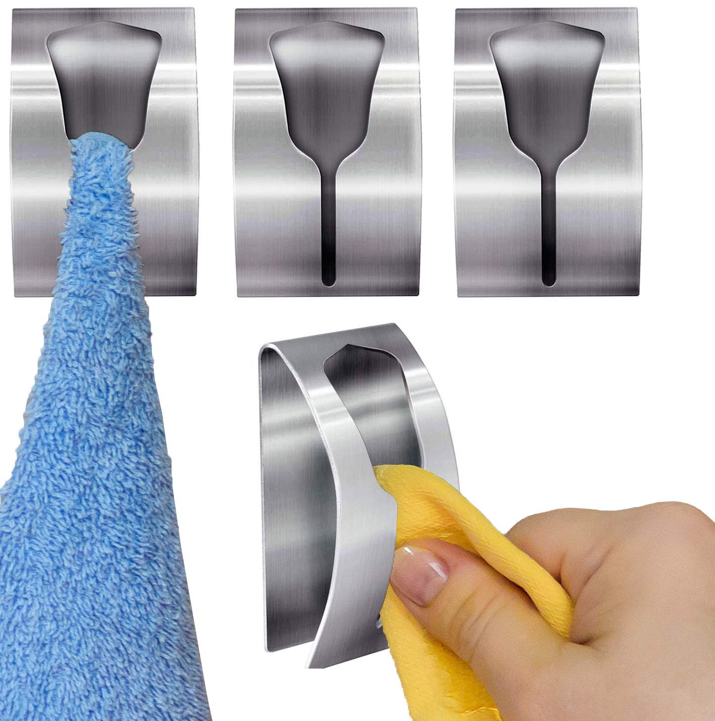 Tatkraft Ida Pack of 4 Self Adhesive Tea Towel Holder, Towel Rail for Bathroom and Kitchen, Stainless Steel, Strong Adhesive Hooks no Drill, Easy to Fix on Any Surface