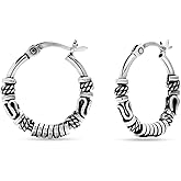 LeCalla 925 Sterling Silver Oxidized Balinese Hoops Earring Jewelry Small Antique Bali Beaded Hoop Earrings for Women