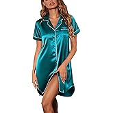 Ekouaer Women's Satin Nightshirt Button Down Sleepshirt Silk Short Sleeve Nightgown Boyfriend Notch Collar Sleepwear