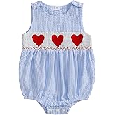 Eurvoku Newborn Baby Boy Valentines Day Outfit Embroidery Sleeveless Smocked Bubble Romper Plaid/Striped Bodysuit Jumpsuit