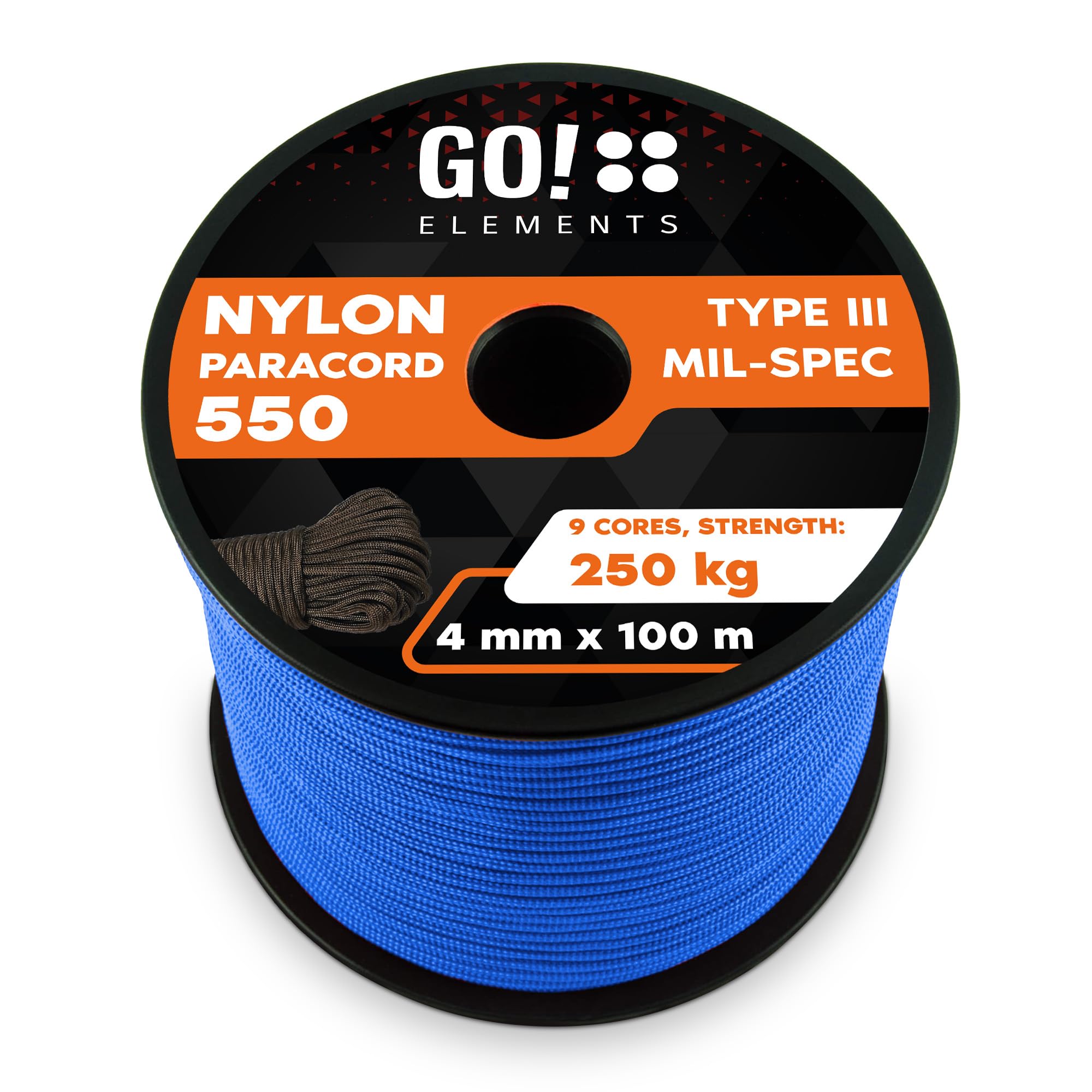 GO!elements 100m Paracord made of Nylon Rope - 4mm Paracord 550 Type III - suitable as Drawstring Cord, Washing Line Rope, etc. | Max. 250kg, Color:Blue
