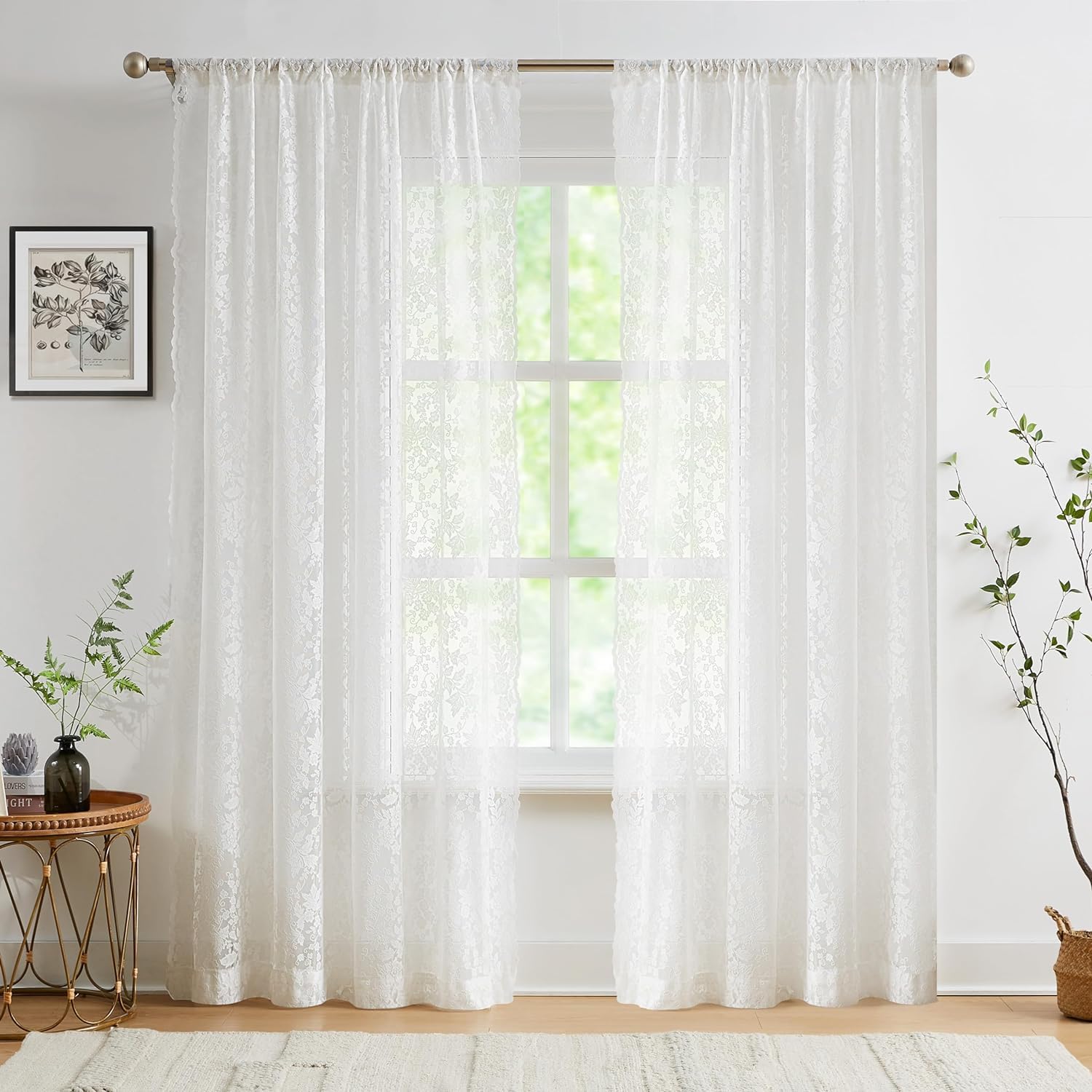 Abstractex White Lace Net Sheer Curtains 90 Inches Long Floral Leaf Knitted Vintage Light Filtering Embroidery Elegant Window Treatment for Girls Bedroom Living Room, Rod Pocket 58" W 2 Panels