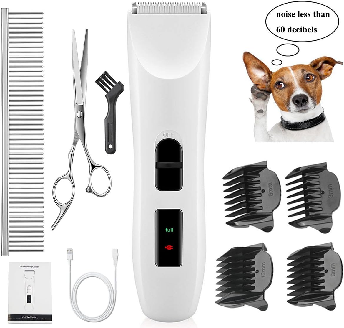 LpoieJun Dog Clippers, Low Noise Level Cordless Rechargeable Electric Pet Grooming and Trimming Clippers Kit, 4 Guide Combs, Stainless Steel Comb,Scissors,USB Charging Cord