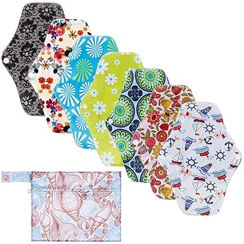 Rovtop 7 Stück 25cm Damenbinden waschbare Pads Menstruationstuch mit Bambusgewebe und 1 tragbare Mini Tasche wiederverwendbar