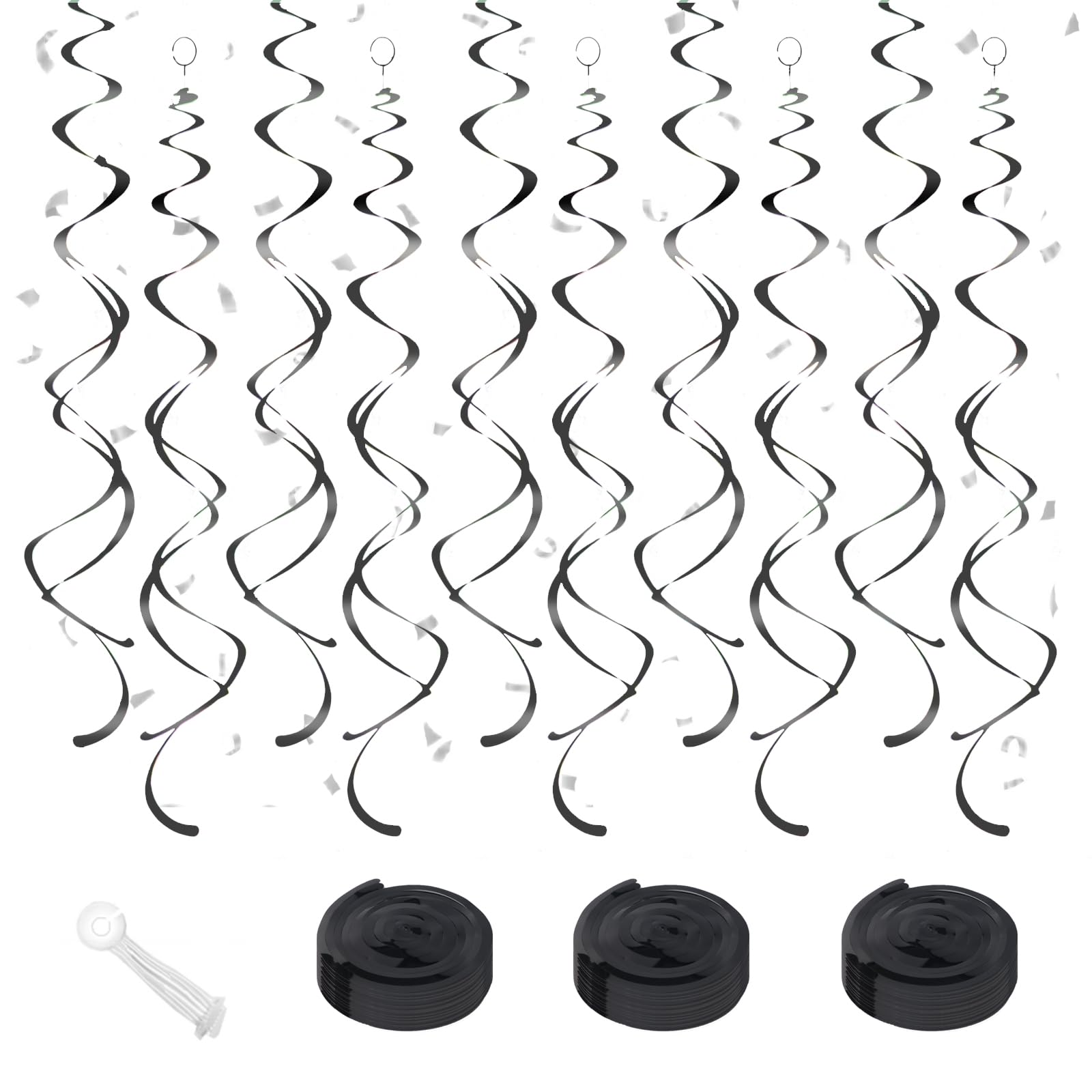 Black Hanging Swirls Party Decorations 30 Pack- Extra Long Double Swirl Ceiling Decorations for Halloween, Baby Shower, Christmas, Wedding, Birthday Decorations| Reusable Black Streamers with Hooks