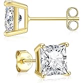 Gold Stud Earrings, 2.0ct Cubic Zirconia Hypoallergenic 14K Gold Earrings, 7mm Sparkling Square CZ Studs, 14K Gold Plated 925 Sterling Silver Princess Cut Earrings