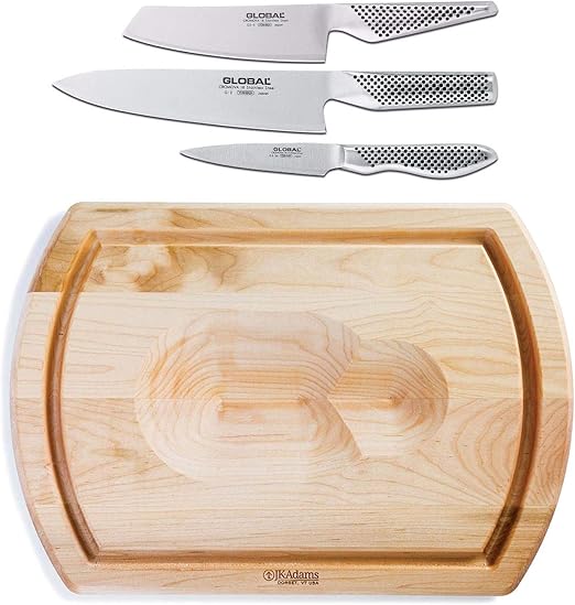 Amazon Com Global G 2338 8 Chef S Knife 5 1 2 Utility Knife And 3 1 2 Paring Knife Starter Bundle With Jk Adams 20 Inch X 14 Inch Reversible Carving Board Stainless Steel Maple Kitchen Dining