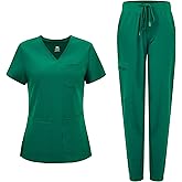 COZYFIT Medical Scrubs for Women Set - Curved V-Neck Scrub Top & Jogger Pants with 8 Pockets