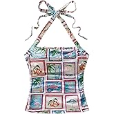 Milumia Women's Tropical Print Square Neck Halter Top Sleeveless Tie Back Ruched Summer Cami Tops