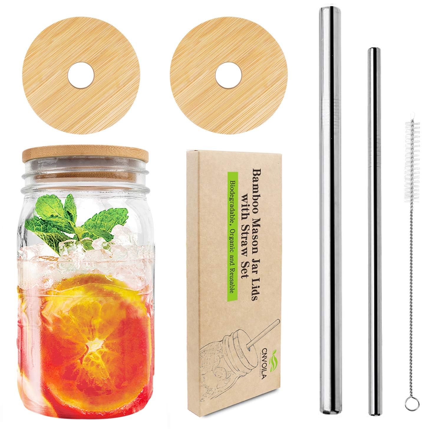 Photo 1 of Mason Jar Lids with Straw Hole, Bamboo Lids for Beer Can Glass, CNVOILA ECO Reusable Bamboo Mason Jar Lids for Regular Mouth Mason Jar with 2 Reusable Stainless Steel Straw