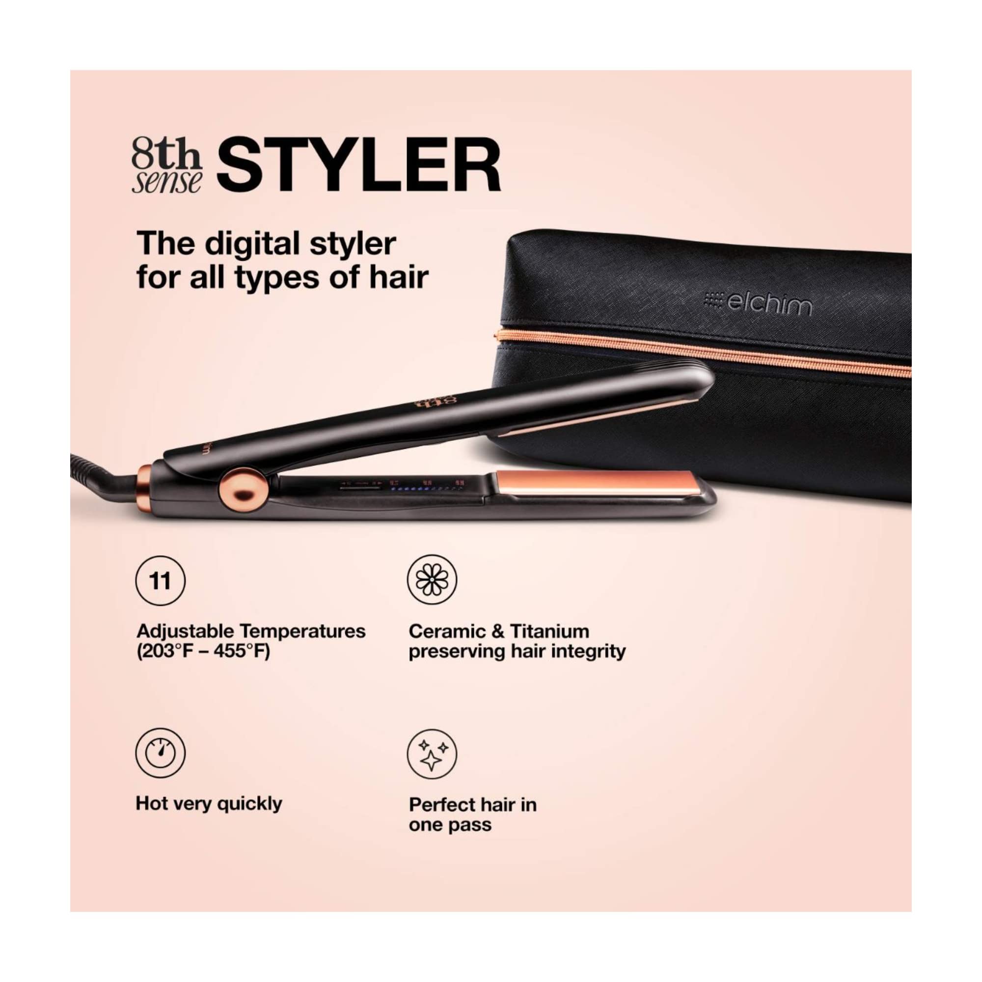 Elchim 8th Sense Styler: Hair Straightener with Titanium & Ceramic Plates, Dual-Universal Voltage, Flat Iron with 11 Heat Settings, Travel Bag Included, Black