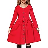 Arshiner Girl's Dresses Button Down Midi Long Sleeve Casual Sundress A-line Dress with Pockets