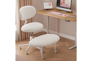 Pinmoco Ergonomic Cross Legged Office Chair with Wheels, ADHD Chair for Adults, Meditation Chair, Yoga Office Chair, Comfortable Back Support, Height Adjustable,Small Spaces, Teddy Fabric, White