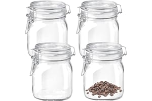 Large Glass Jars with Clamp Lids, 4 Pack 1000ml (34oz) Airtight Food and Snack Storage Containers, Kitchen Canning Jars, Maso