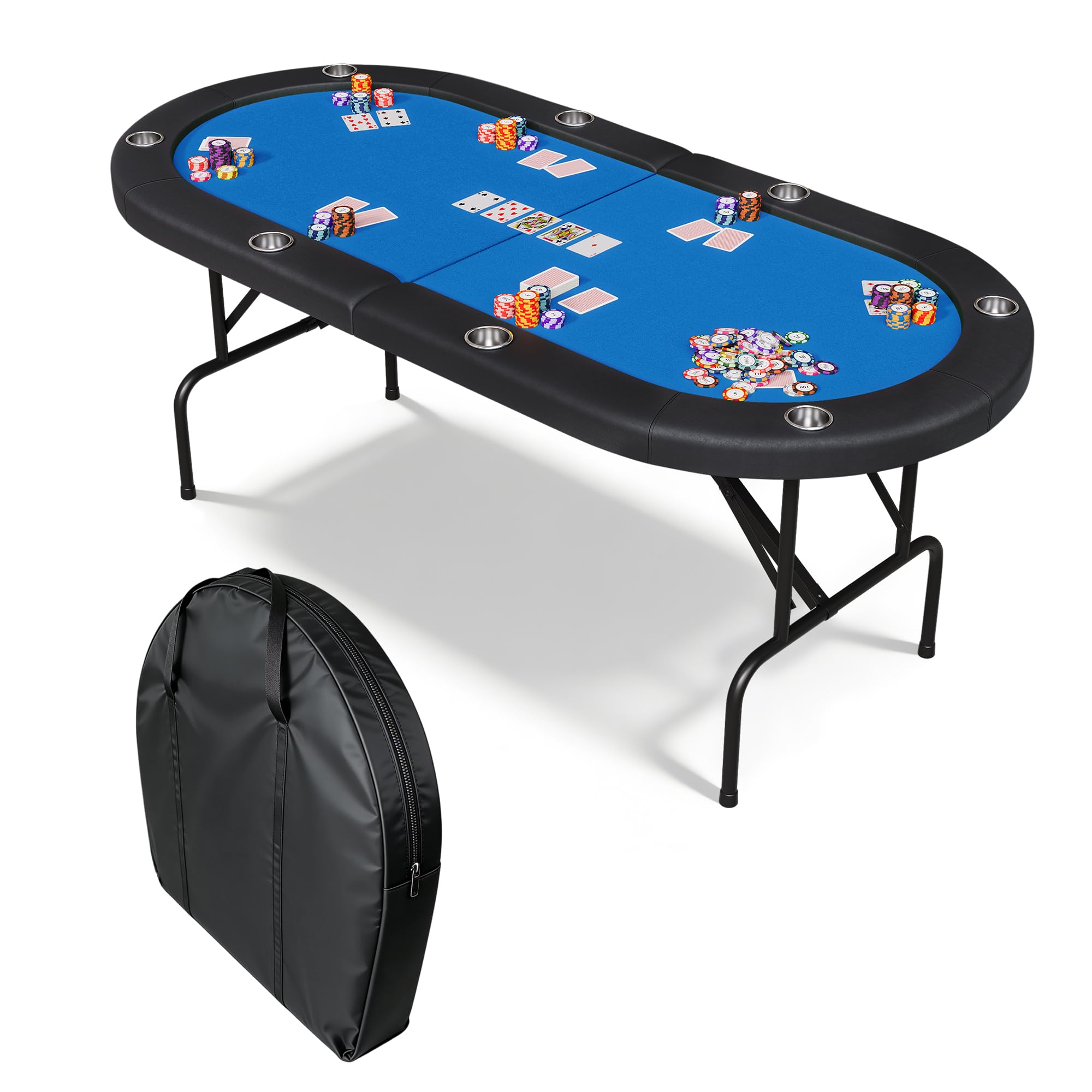 Photo 1 of ***SIMILAR ITEM*** Garvee 8 Player Oval Poker Table Foldable, 72" Poker Game Tables with Storage Bag, Collapsible Legs, Padded Rails & Cup Holders, Portable Folding Game Table for Texas Holdem and Blackjack, Blue