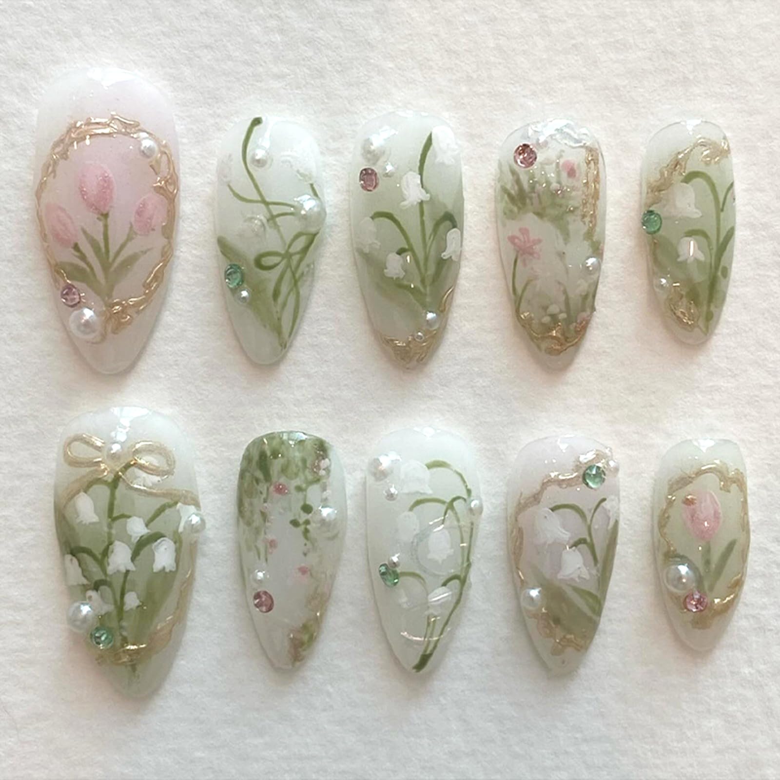 24Pcs Flower Bow Press on Nails Short Almond Fake Nails with 3D Pearl Diamond Design Pink White Flower Full Cover Stick on Nails Handmade Artificial Gradient Glossy Acrylic Nails False Nails for Women