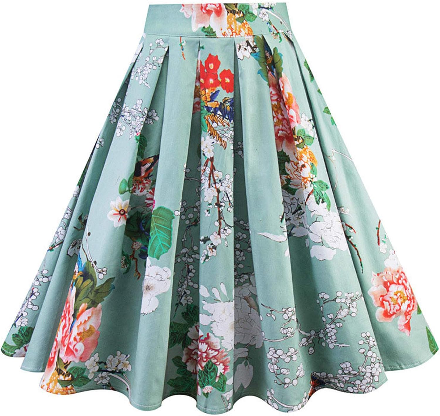 Retro Floral Print Pleated Skirt High Waist Green Summer Skirts Women Midi Elegant Retro Vintage