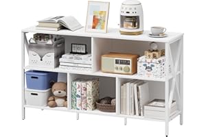 Horizontal Bookshelf,Industrial Modern 5 Cube Low Wide Cubby Bookcase,Long Wood and Metal Storage Organizer Open Shelf, Short